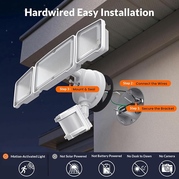 LEPOWER LED Security Lights Motion Sensor Light Outdoor, 38W 4200LM Light, 5500K, IP65 Waterproof, 3 Head Detected Flood Light for Garage, Yard, Porch (White)