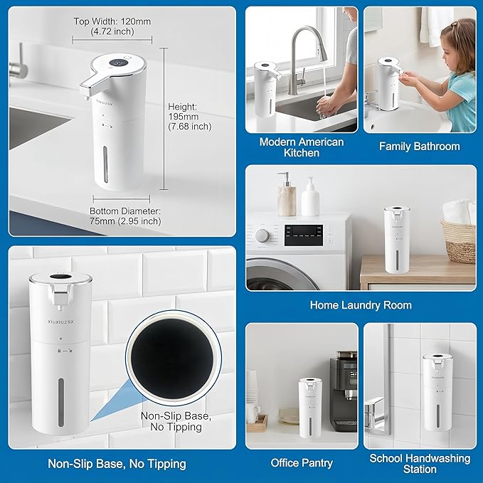 Automatic Foaming Soap Dispenser Touchless Upgrade Pump Uneasy Plugging Wall Mounted USB Rechargeable, 4-Level Adjustable 13.52oz Modern Electric Hand Soap Dispenser Kitchen Bathroom Kids Family White