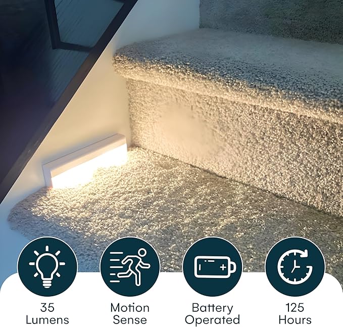 Brilliant Evolution Wireless LED Stair Lights with Motion Sensor - 3-Pack Battery Operated Night Light for Indoor Stairs, Hallways, and Closets - Stick On Motion Lights - 3000K Warm White - 7x2-Inch