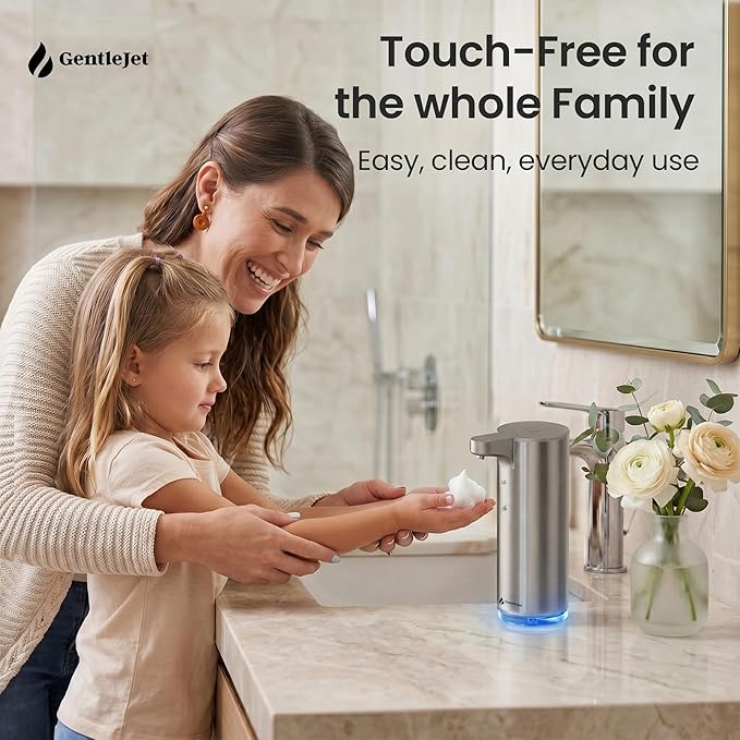 GentleJet EasyFoam Automatic Foaming Soap Dispenser, Touchless USB-C Rechargeable Sensor Pump, 304 Stainless Steel, Adjustable Foam, IPX5 Water-Resistant for Bathroom & Kitchen, 10 fl oz / 300 mL