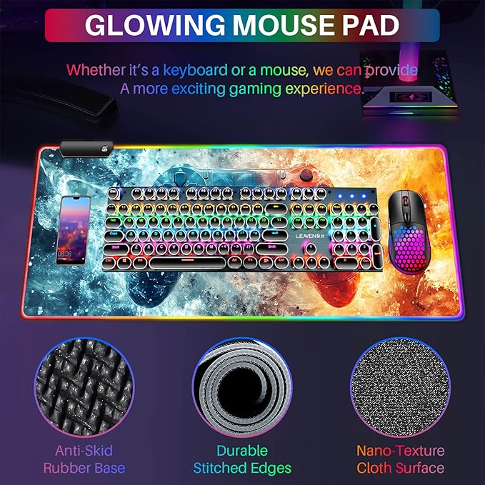 XL Led Gaming Mouse Pad with 14 Light Modes - Light Up Gamer Mouse Pad,31.5 x 11.8in Non-Slip Gamepad Style RGB Large Gamer Mousepad,Black Long Glowing Gaming Accessories for Desk,Waterproof