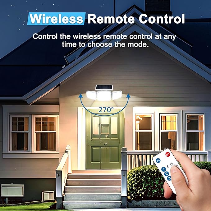 White Solar Security Light Outdoor Super Bright LED, Motion Sensor Flood Light, 3 Heads 270° Wide Angle, Remote Control, IP65 Waterproof, 3 Modes (6 Packs)