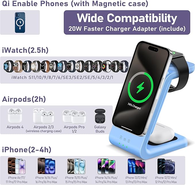 Smtcsl 3 in 1 Wireless Charging Station: 5000mAh Removable Power Bank Charger Stand for Phone/Watch/Air Pods - Portable Magnetic Battery Pack for Air 17 16 15 14 13 12 Series Blue