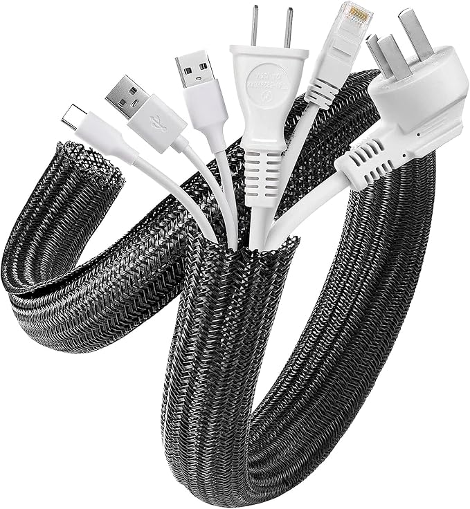 AGPTEK Cable Sleeve, 20ft - 1.2 inch Desk Cable Management Desk Cord Cover Organizer Wire Hider for Home Office Computer TV Wire Loom Tubing Pet Proof Cord Protector from Cat Dog Chewing, Black