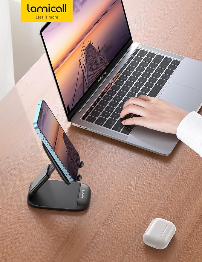 Lamicall Cell Phone Stand for Desk - [Height Adjustable] Foldable Mobile Phone Holder, Portable Stand for iPhone 17 16 15 14 13 12 11 Pro Max Plus Air, Galaxy S25, Office Gift, Telephone Accessories