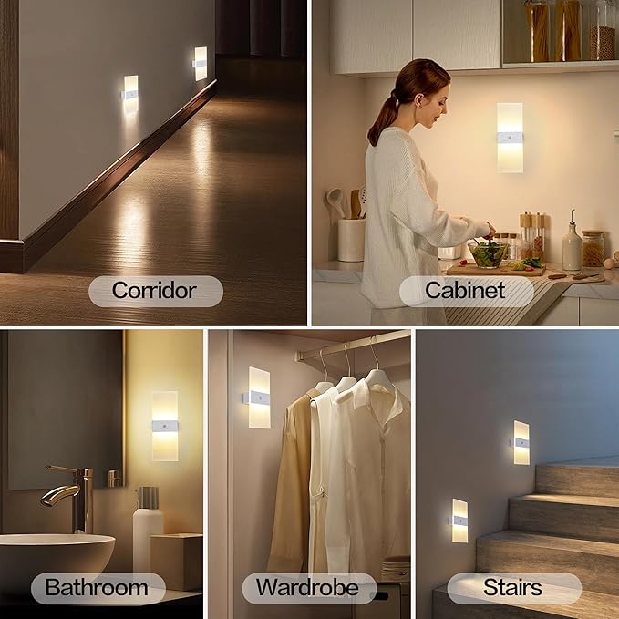Rechargeable Wall Sconces Set Of Two Battery Operated，Magnetic Motion Sensor night Lights Indoor ,Battery Operated White Shell Warm White LED Dimmable Wall lights for living room,Hallway,Stair
