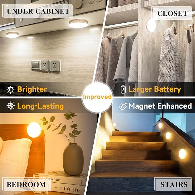 Improved LED Rechargeable Motion Sensor Light Indoor, Bright & Long-Lasting Battery, Stick-On Motion Sensor Puck Night Lights for Closet, Cabinet, Kitchen, Hallway, Stairs - Cool 4Pack