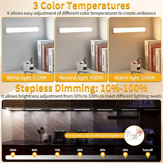 Wireless Under Cabinet Lighting 12 Inch 3 Pack, 1500mAh Magnetic Motion Sensor Light USB C Rechargeable Closet Lights, 3 Color Dimmable LED Night Light Stick on Under Counter Lights for Kitchen Stairs