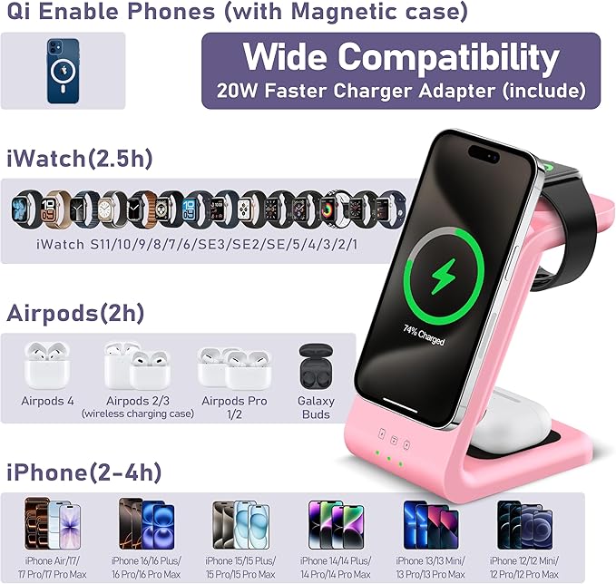 Smtcsl 3 in 1 Wireless Charging Station: 5000mAh Removable Power Bank Charger Stand for Phone/Watch/Air Pods - Portable Magnetic Battery Pack for Air 17 16 15 14 13 12 Series Pink