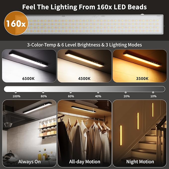 12inch 3Pack Touch Control Under Cabinet Lighting, 160LED Super Bright, 4000mAh Long-Lasting, Magnetic Rechargeable Motion Sensor Under Counter Lights for Kitchen, Closet, Remote, Dimmable, 3CCT丨Black