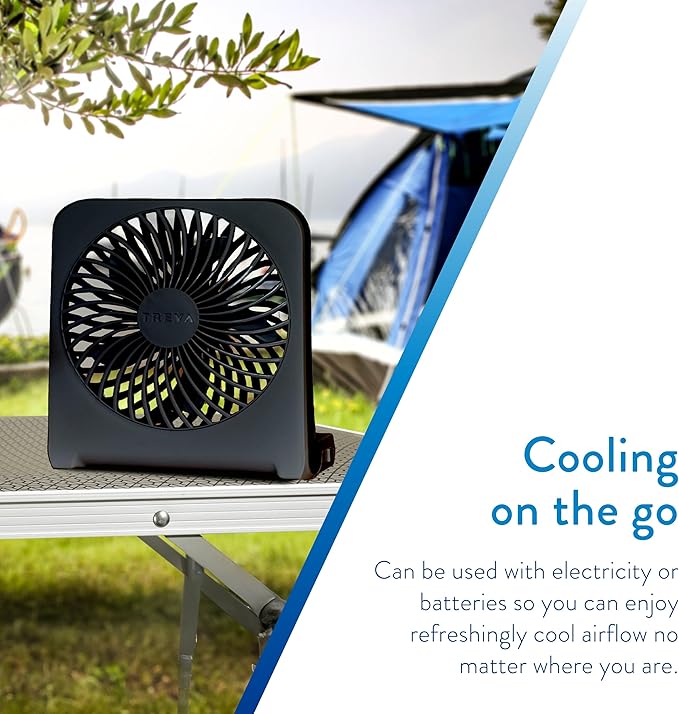 Treva 5-Inch USB and Battery Powered Desk Fan With Two Cooling Speeds and Adjustable Tilt, Small USB Fan Cubicle Accessories Durable and Long Lasting (Black)