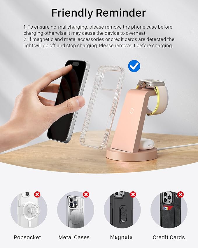 Anlmz 3 in 1 Charging Station for iPhone, Wireless Charger for iPhone 17 16e 16 15 14 13 12 11 X Pro Max & Apple Watch - Charging Stand Dock for AirPods (Rose)