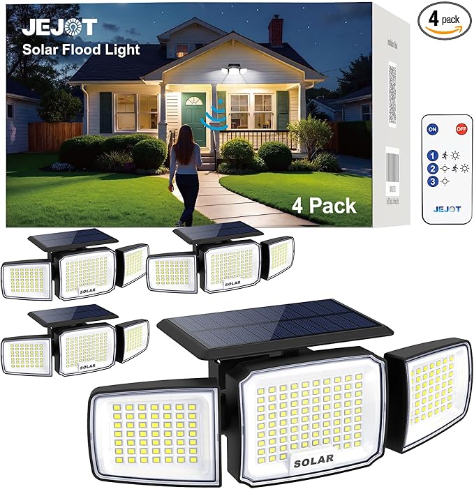 Solar Security Light Outdoor Super Bright LED, Motion Sensor Flood Light, 3 Heads 270° Wide Angle,Remote Control, IP65 Waterproof, 3 Modes (4 Packs)