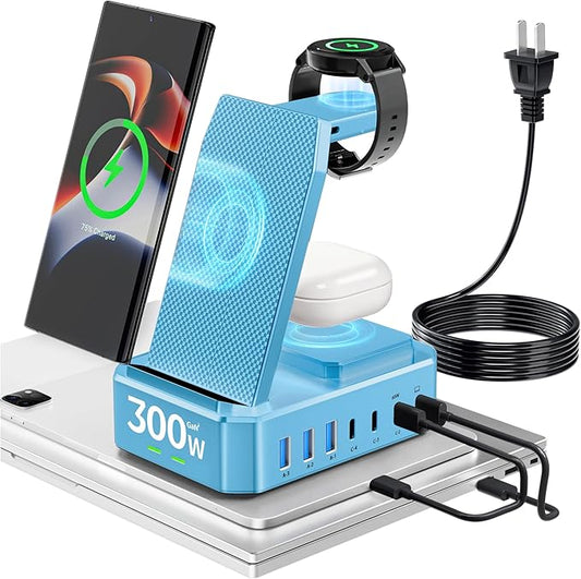 300W Wireless Charger for Samsung,Zutspzss 10 in 1 Wireless Charging Station, 65W USB C Fast Charging Stand for Samsung S25 Ultra/S24/S23/S22/Z Fold,Galaxy Watch Ultra7/6/5,Galaxy Buds,Blue