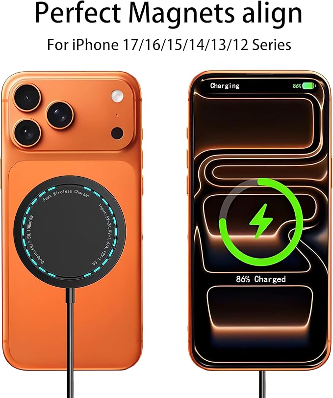 Magnetic Wireless Charger for iPhone 15W Max Fast Mag-Safe Wireless Charging Pad Compatible with iPhone 16/16 Plus/16 Pro/16 Pro Max/15/14/13/12 Series with USB-A Converter Black