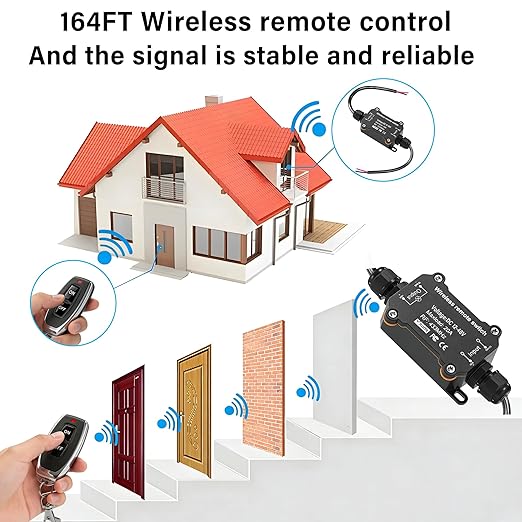 DC 12V 24V 48V Wireless Remote Control Switch,433MHz RF Relay Switch 20A Heavy Duty,IP67 Waterproof Receiver,164Ft Long Range Control for RV,Marine,Solar,Water Pump,Lights, Fans