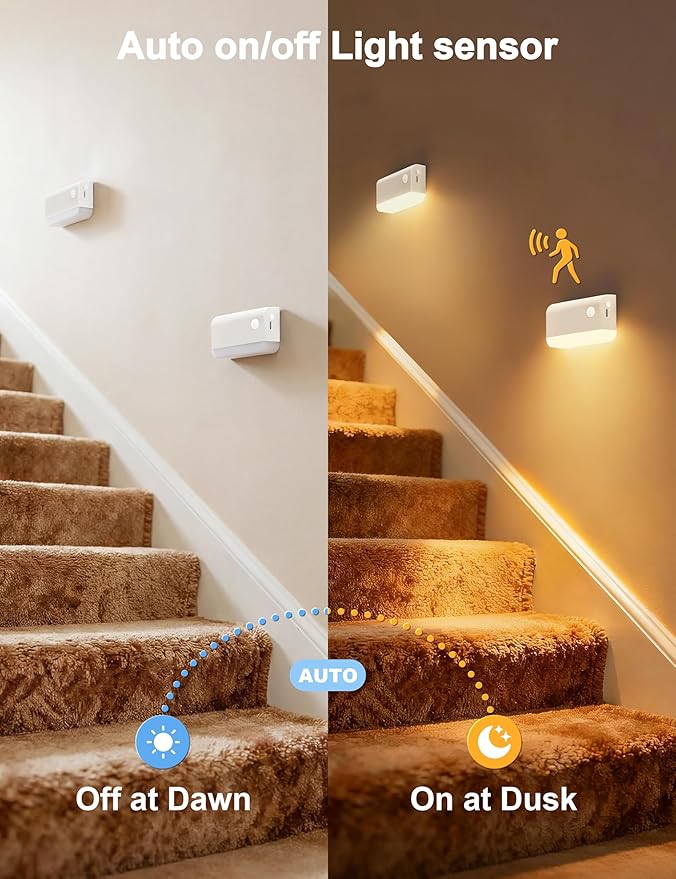 NIORSUN Motion Sensor Stair Lights Indoor, 3 Pack Rechargeable Wireless Step Lights with 3 Color Temperatures, 1200mAh Battery, Magnetic Base for Hallway, Closet, Bathroom, White