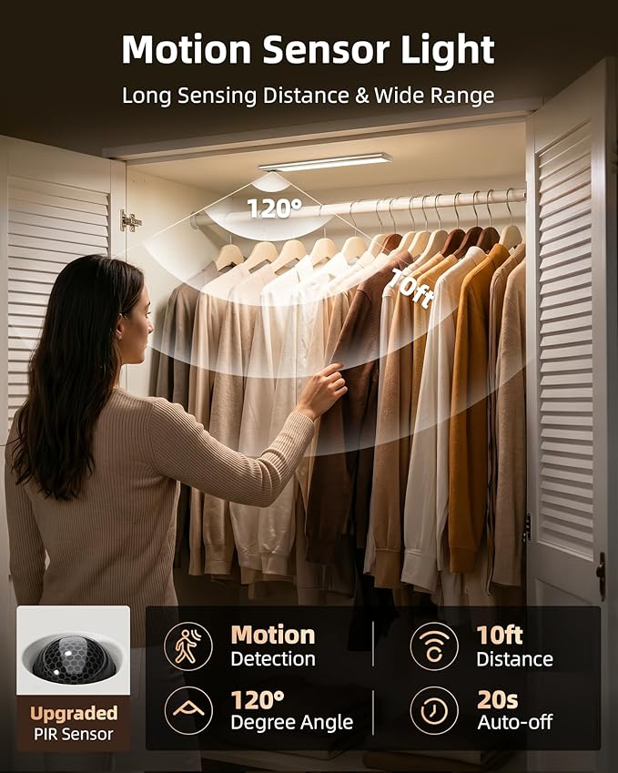 EZVALO 12-inch Under Cabinet Lighting, 3200mAh Rechargeable Motion Sensor Light Indoor, with Dimmable & 3 Color Temps, Magnetic Closet Lights, Wireless Under Counter Lights for Kitchen, Stairs(4-Pack)