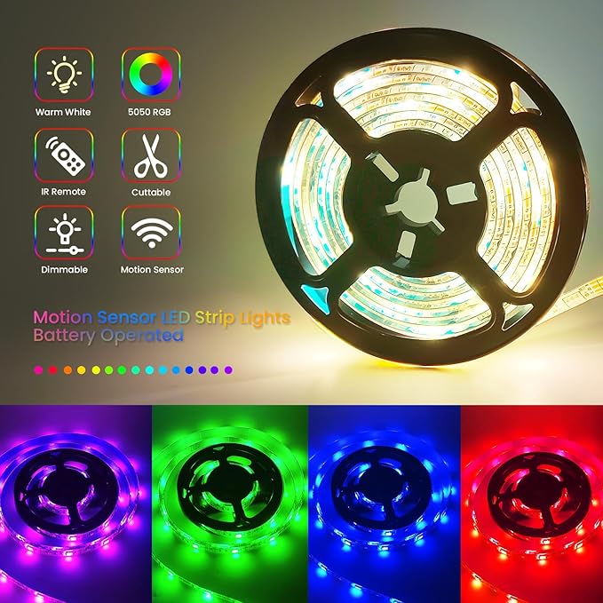 Motion Sensor Strip Lights Battery Operated, 6.6FT Color Changing Led Strip Light Dimmable with Remote/4Modes, RGB & Warm White Light Strip Waterproof for Bedroom Bathroom Cabinet Closet Indoor