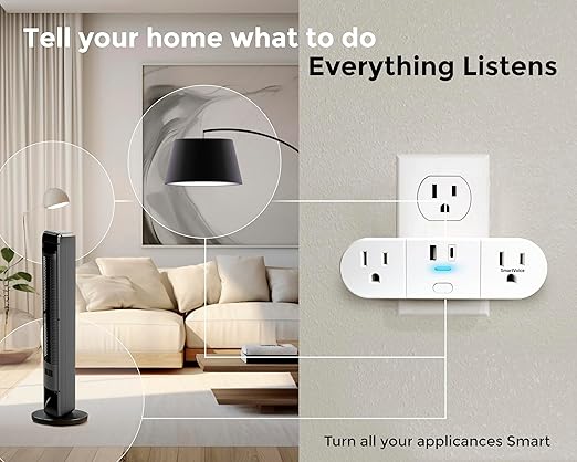 Emerson SmartVoice 4-in-1 Wall Plug, Voice Control Smart Outlet w/ 2 AC (1 Voice + 1 Always-On), USB-A & USB-C Ports, No WiFi, No App, Sleep & Wake Timer, ETL Listed