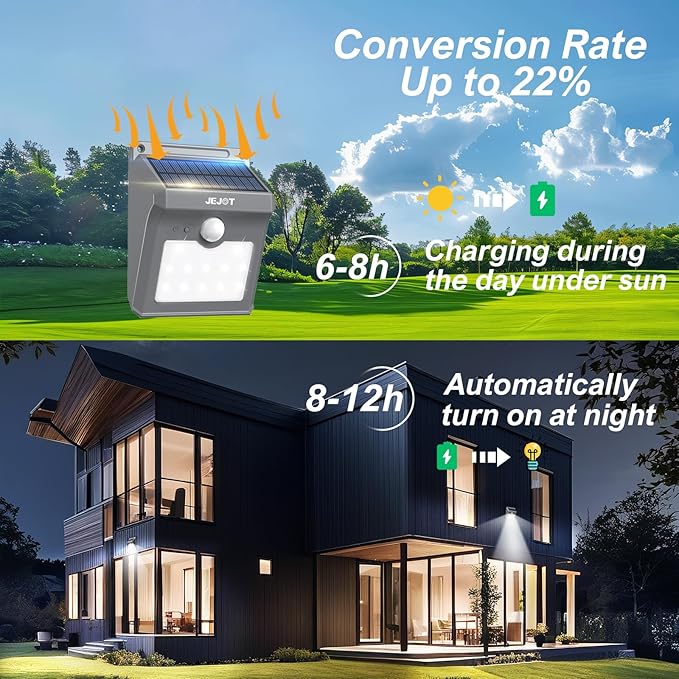 6 Pack Solar Motion Lights Outdoor Waterproof,270° Wide Angle,3 Modes Solar Wall Lights, Anti Glare Solar Powered Flood Lights for Fence Garage Garden Patio Yard