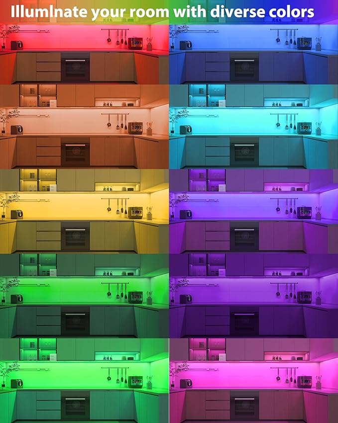 ASOKO 200 Lumens RGB Under Cabinet Light Plug in, 3 Pack 12 inch Linkable Counter Lights, Music Sync RGB LED Strip Lights with APP & Remote Control, Ambient Lights for Room Decor