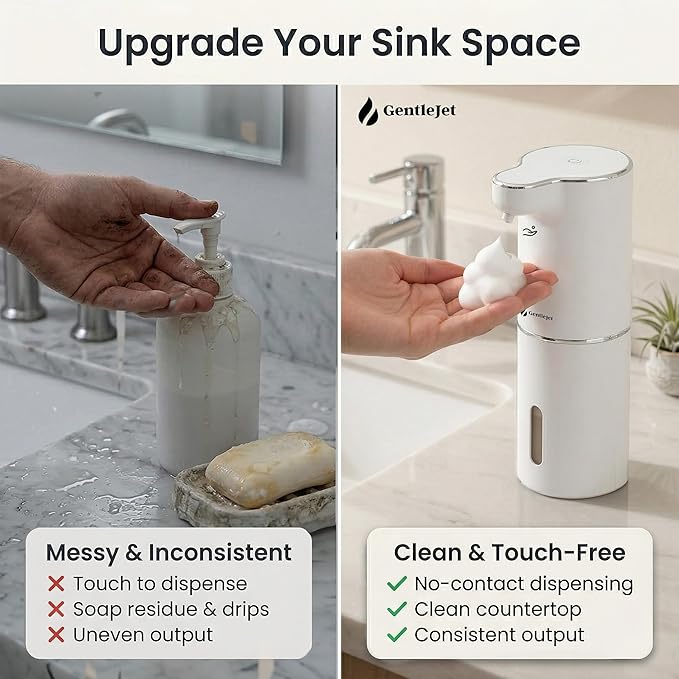 GentleJet JetFoam Automatic Foam Soap Dispenser Touchless Sensor, USB-C Rechargeable, Adjustable Output, IPX5 Waterproof, 300 ml, Bathroom & Kitchen Countertop