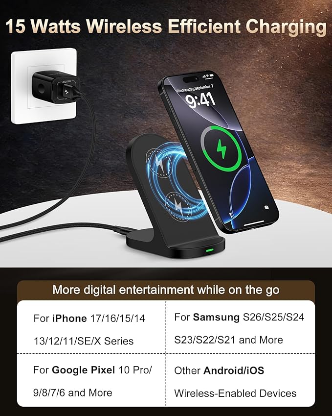 15W Wireless Charger Stand for Samsung Galaxy S26 S25 S24 Ultra S23 Plus, Fast Charging Station with QC 3.0 Adapter, Qi-Certified Phone Charger Stand for Galaxy Z Fold 7/6, iPhone 17 16, Google Pixel