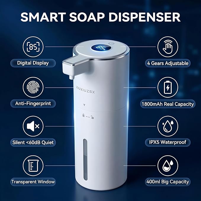 Automatic Soap Dispenser Liquid Touchless Upgrade Pump Uneasy Plugging Wall Mounted USB Rechargeable, 4-Level Adjustable 13.52oz Modern Electric Hand Soap Dispenser Kitchen Bathroom Kids Family White