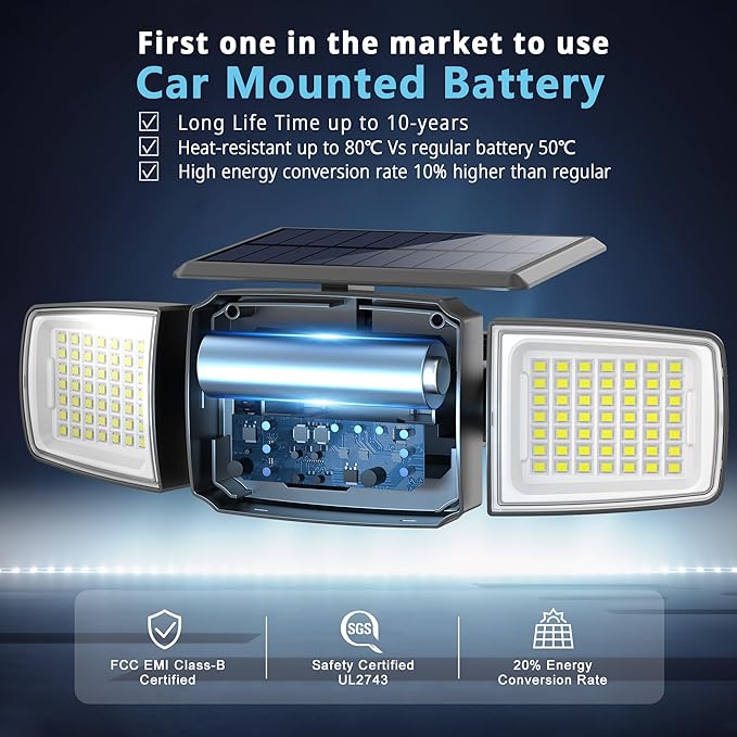 Solar Security Light Outdoor,Solar Flood Light with Active Motion Sensor,3 Heads 270° Wide Angle,Remote Control,IP65 Waterproof, 3 Modes (2 Packs)
