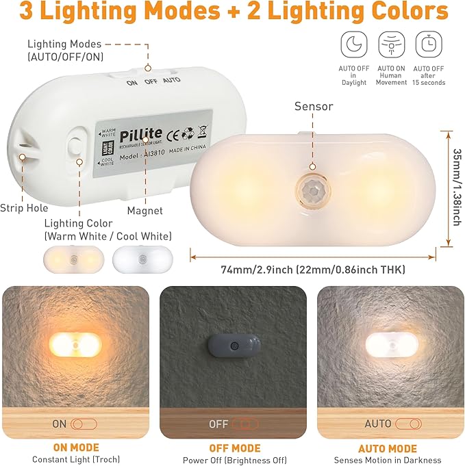 Rechargeable Motion Sensor Night Light, 2-Color White & Warm Toilet Light with Auto/On Mode, Magnetic & Adhesive Installation for Bathroom, Bedroom, Hallway (2 Pack)