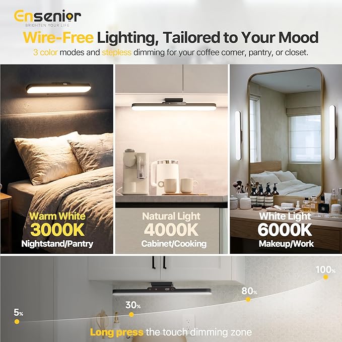 Ensenior 5W Makeup Light, 14 inch Rechargeable Vanity Lights for Mirror with Auto Off Timer Remote Magnetic Stepless Dimming 3CCT 2500mAh Battery, Under Cabinet Lighting Wireless for Kitchen, 2 Pack