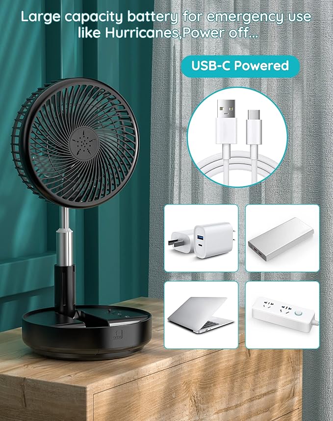 Primevolve Portable Fan, |21H Battery|7200mAh Rechargeable Oscillating Fan with Remote, Foldable Telescopic 7.7" for Travel Camping Cruise Hotel Bedroom, Black