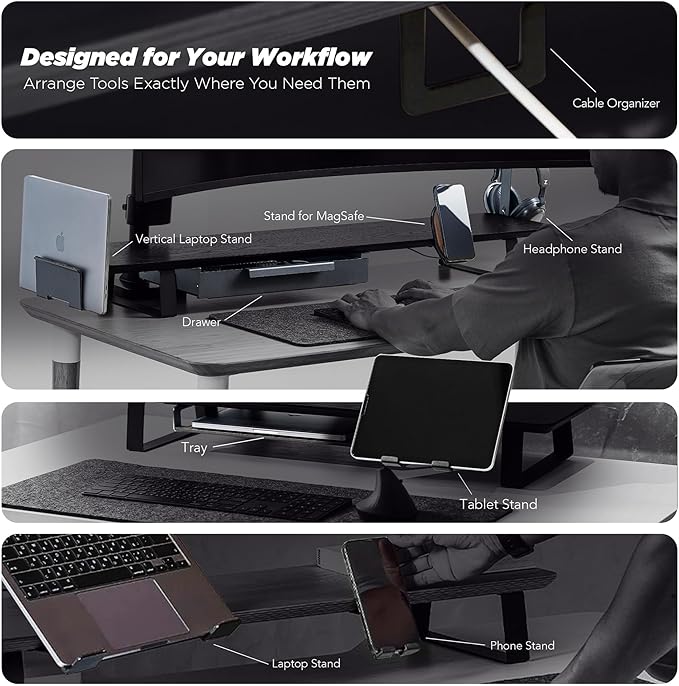 ULTRARM Moodular Wooden Monitor Stand 33.4” (85cm) Desk Organizer with Metal Slide Rails for Drawer, Tray, Laptop, Tablet, Phone & Headphones Customizable Riser for Organized Workspace Walnut MS85-W