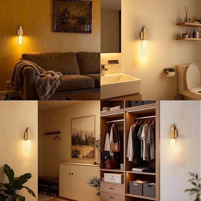 iThird Motion Sensor Light Indoor - Wireless Wall Light, lumi Light, Magnet Rechargeable Wall Sconces, Portable Night Lights, LED Lights for Closet, Bathroom (Beech 3PCS)