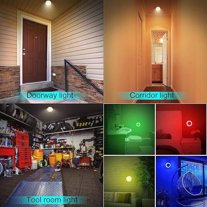 BIGMONAT Wireless LED Ceiling Light, Battery Operated RGB Shower Light with Remote and Timer, Color Changing, Dimmable for Bathroom, Closet Pantry Hallway Stairway Cabinet Counter