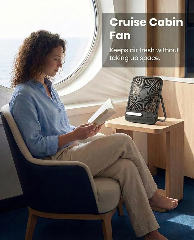 7-Inch Portable Travel Fan, Cruise Ship Approved, 28H 8000mAh Ultra-Thin Quiet Rechargeable Battery Operated Desk Fan with Timer & LED Display for Bedroom, Office, Camping