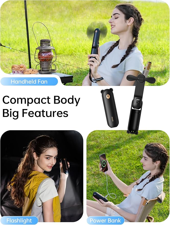 JISULIFE Handheld Fan 8 Plus: All-in-One Mini Fan with 37Hrs Cooling & 4500mAh PowerBank & Flashlight, USB Rechargeable, Portable Pocket Size for Travel, Makeup, Concert, Gifts for Women(Black)