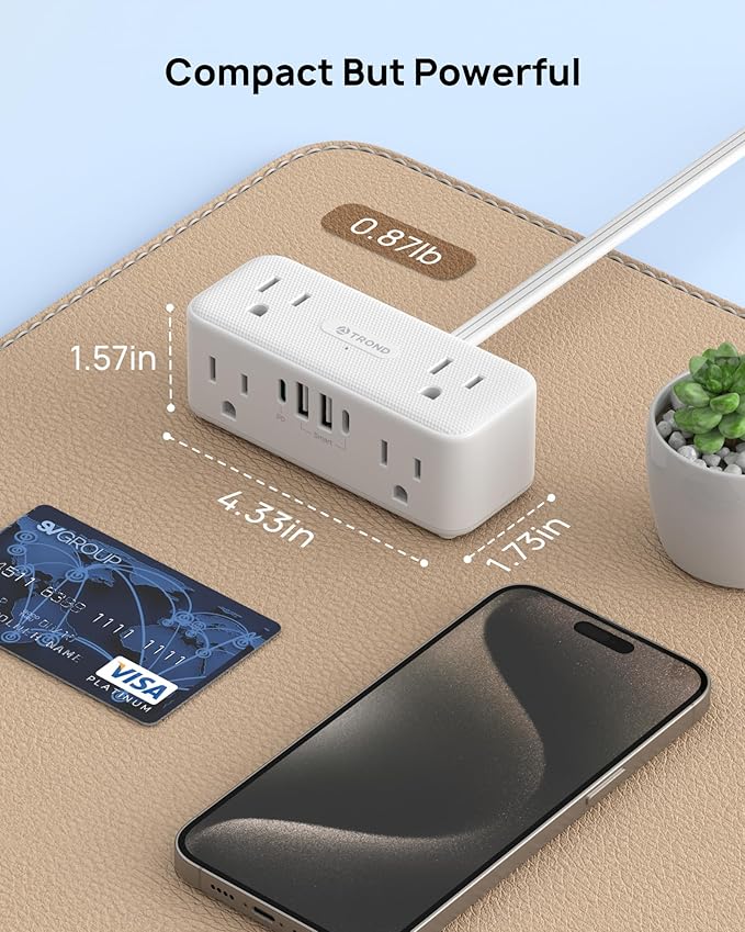 TROND 20W USB C Power Strip Surge Protector - 15ft Flat Plug Extension Cord with Multiple 6 Outlets, 900 Joules, 3 Side Design, Mountable, Compact for Home Office Desk College Dorm Room Essentials