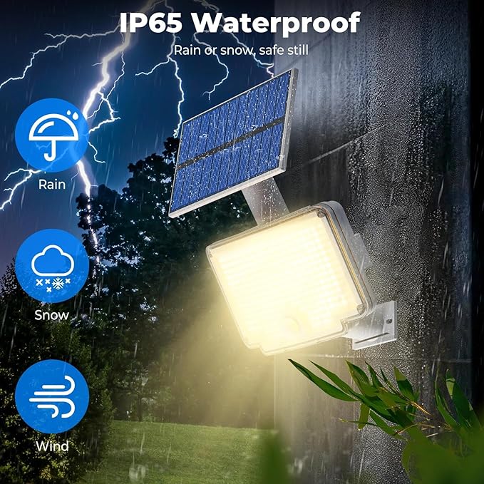 Peasur 1 Pack Solar Motion Lights Outdoor, 318 LED Solar Security Light with 3 Modes, IP65 Waterproof Powered Flood Lights for Outside Garden Backyard, Warm (White Frame)