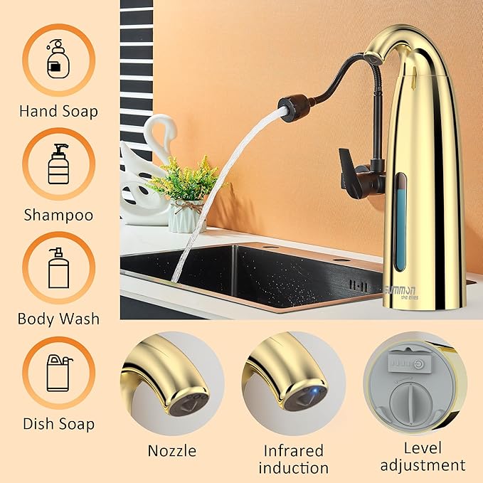 Automatic Liquid Soap Dispenser Touchless, Hand & Dish Countertop Gold Electric Dispenser with Sensor,Modern 4 Gear Adjustable Waterproof Battery Operated Kitchen Auto Soap Pump