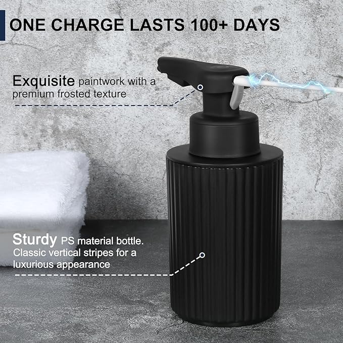 Automatic Soap Dispenser Foaming Touchless: 9oz Black Plastic - Rechargeable Electric Smart Auto Foam Soap Dispenser - Hand Dish Bathroom Kitchen