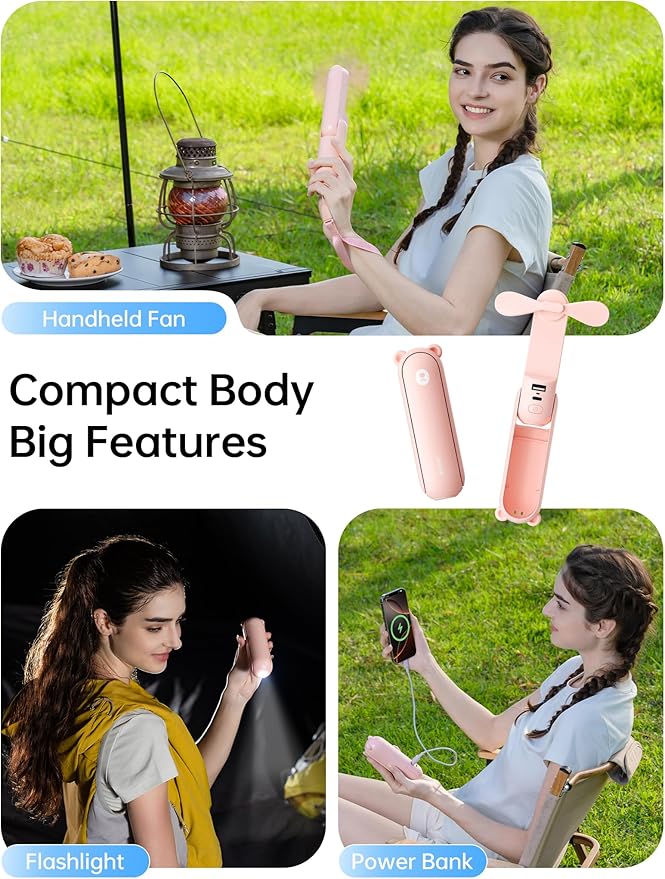 JISULIFE Handheld Fan 8 Plus: All-in-One Mini Fan with 37Hrs Cooling & 4500mAh PowerBank & Flashlight, USB Rechargeable, Portable Pocket Size for Travel, Makeup, Concert, Gifts for Women(Pink)