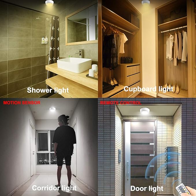 BIGMONAT Wireless Ceiling Light with Remote and Timer, Dimmable Motion Sensor Shower Light, Battery Operated LED Overhead Lighting for Bathroom Closet Hallway Pantry Laundry Stairs, 300LMs, 5.6In