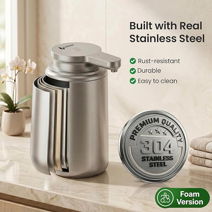GentleJet WaveJet Automatic Foaming Soap Dispenser Touchless Sensor, USB-C Rechargeable, 304 Stainless Steel, IPX5 Waterproof for Bathroom Kitchen Sink, 12 oz / 350 ml