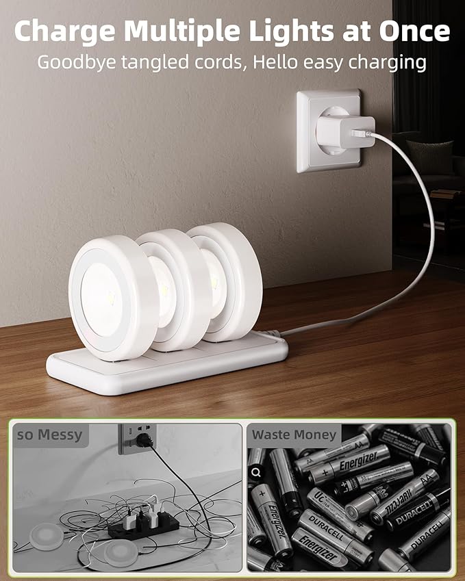 EZVALO LED Puck Lights with Charging Station, Rechargeable Stick On Tap Lights, Wireless Closet Light, 3 Color Temps, Under Cabinet Lights, 2.5'' Mini Touch Light for Kitchen,Pantry,Shelves(6 Pack)