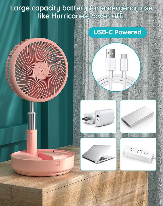 Primevolve Portable Fan, |21H Battery|7200mAh Rechargeable Oscillating Fan with Remote, Foldable Telescopic 7.7" for Travel Camping Cruise Hotel Bedroom, Pink