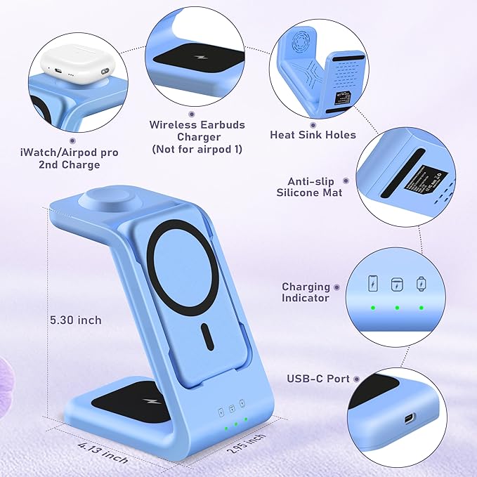 Smtcsl 3 in 1 Wireless Charging Station: 5000mAh Removable Power Bank Charger Stand for Phone/Watch/Air Pods - Portable Magnetic Battery Pack for Air 17 16 15 14 13 12 Series Blue