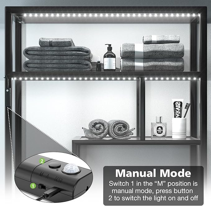 WOBANE Motion Sensor Closet Strip Lights, Rechargeable Motion Activated Light, Battery Powered 6.56ft LED Strip, 60 LEDs Homelife Bar for Wardrobe,Stair,Pantry,Counter,Cabinet,Bed,6000K White,Black