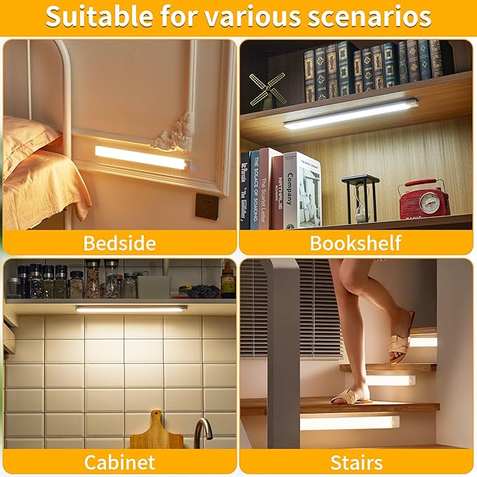 Wireless Under Cabinet Lighting 12 Inch 3 Pack, 1500mAh Magnetic Motion Sensor Light USB C Rechargeable Closet Lights, 3 Color Dimmable LED Night Light Stick on Under Counter Lights for Kitchen Stairs